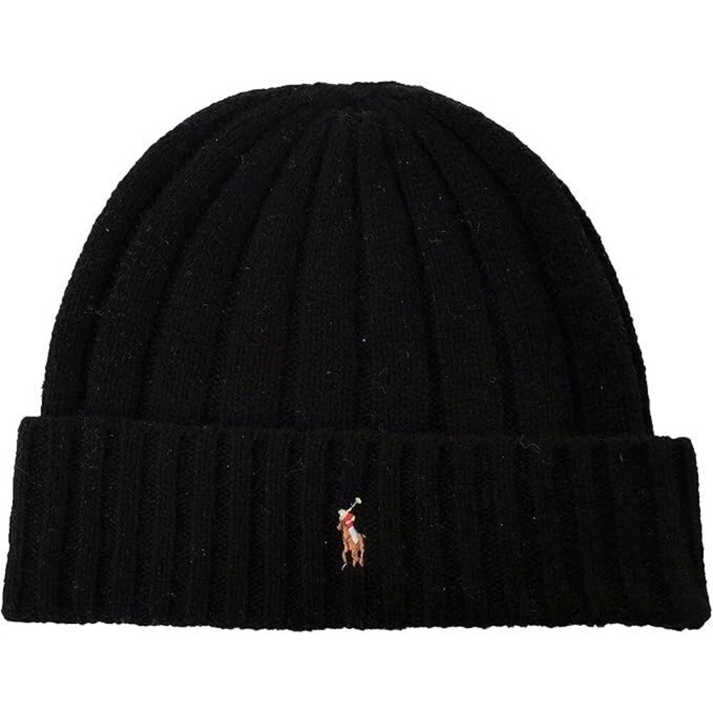 Polo Ralph Lauren Unisex Lambswool Skullie Cap Black Blue Beanie Hat Wool/Nylon